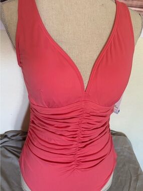 Ruched V-Neck Coral Bathing Suit